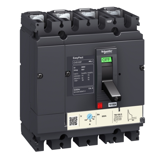 LV510346 circuit breaker EasyPact CVS100F, 36 kA at 415 VAC, 80 A rating thermal magnetic TM-D trip unit, 4P 3d